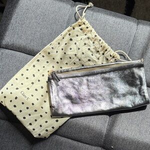 NWOT Clare V Petite Fold-Over Metallic Silver Leather Clutch